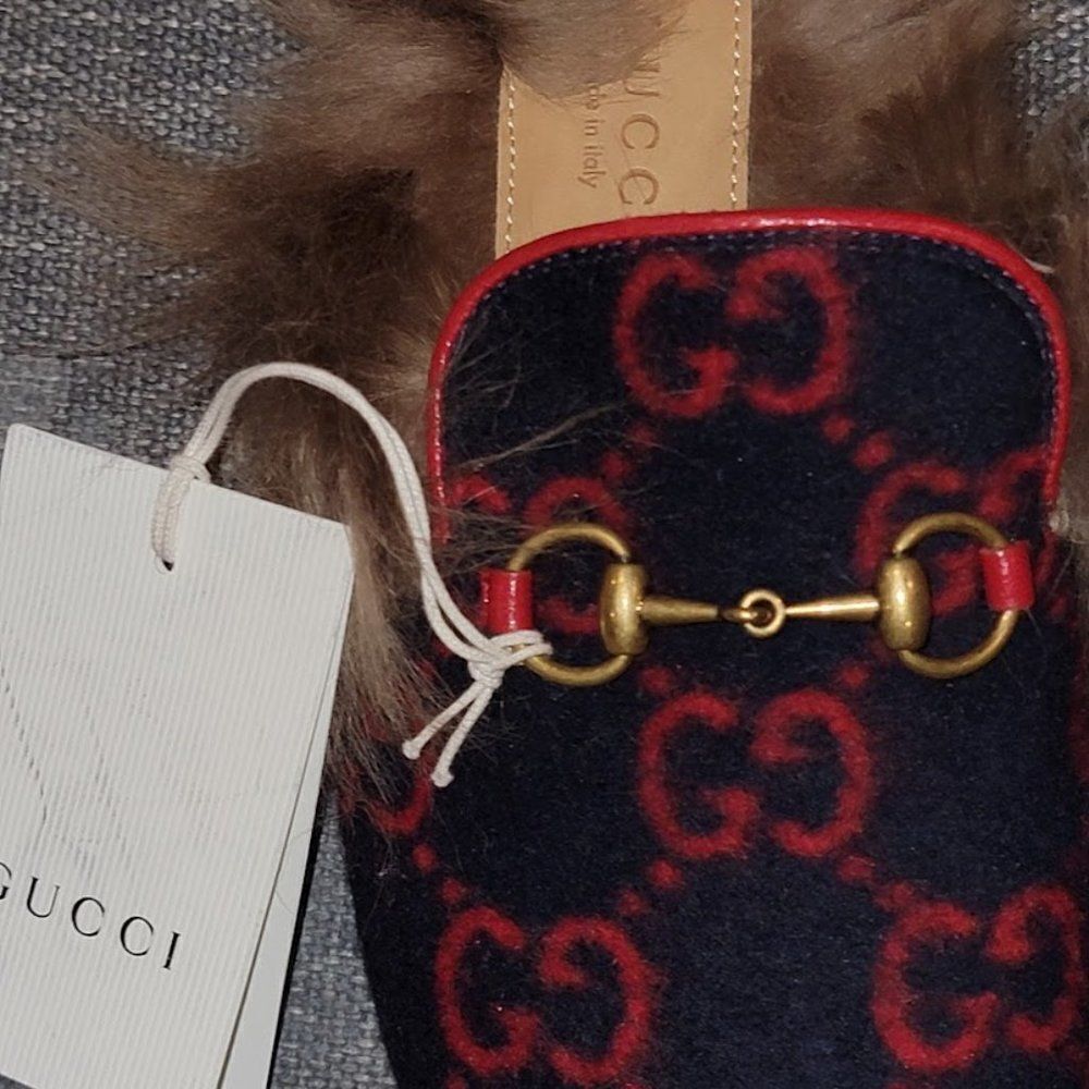 Gucci Women Blue Red & Wool GG Monogram Fur Princetown Mule Slippers 35 - Picture 5 of 16